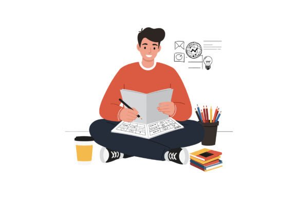 Young Man Sitting Cross-legged With Sket Graphics Illustration